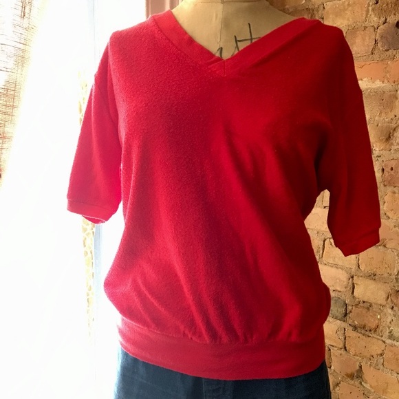 Vintage Red Terrycloth V-Neck Unisex Crew Shirt - Picture 7 of 9